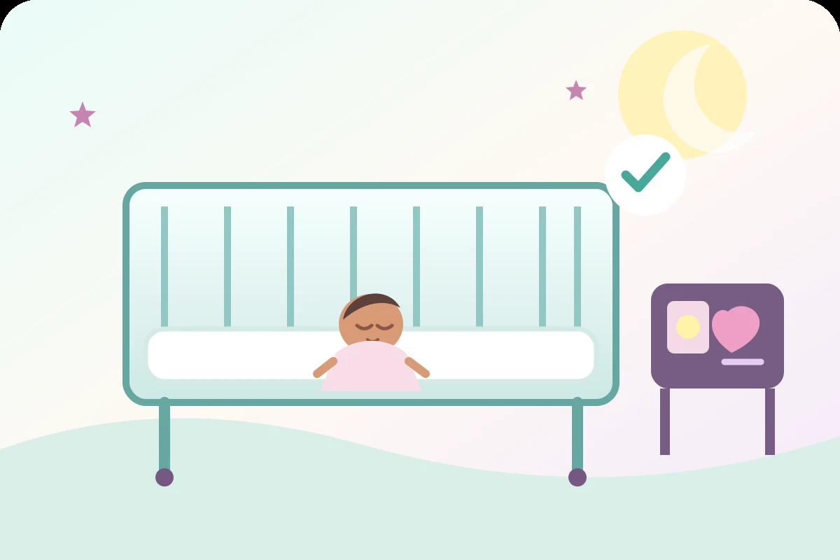 Baby sleeping on the back in an empty crib while loose objects remain on a dresser away from the crib
