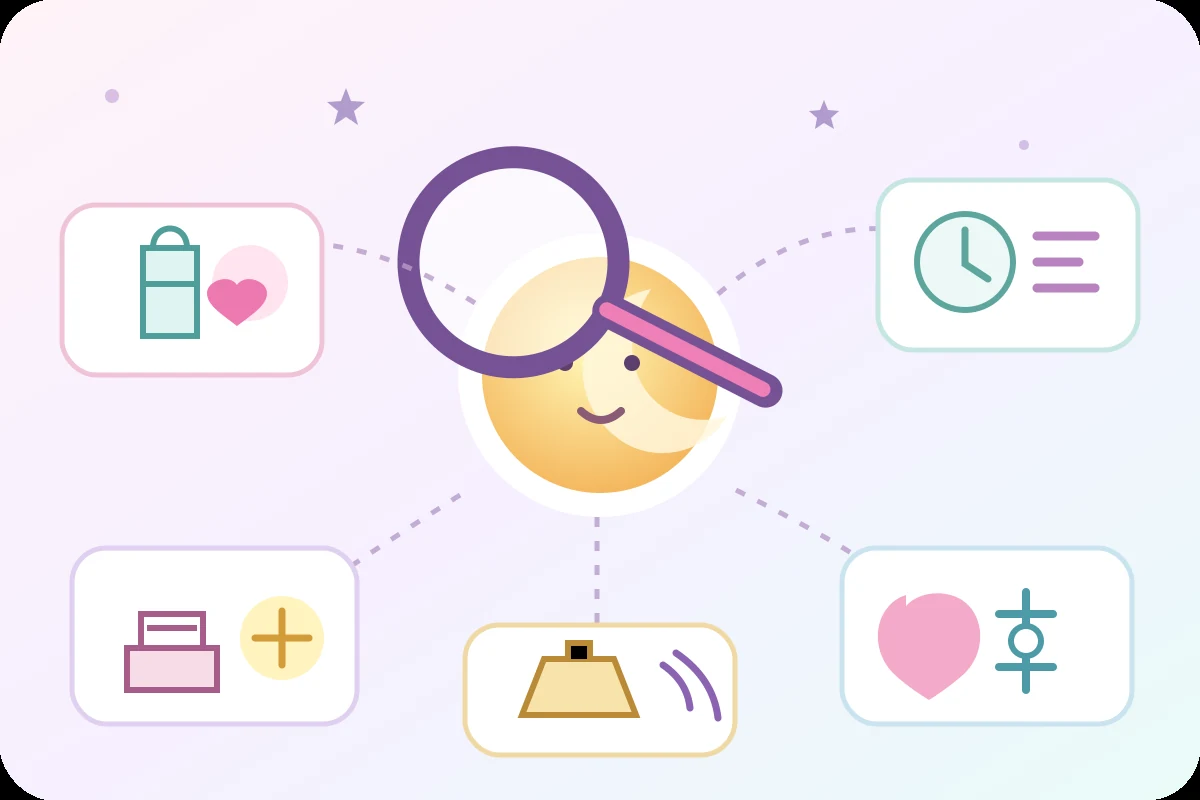 Playful map connecting feeding, timing, comfort, sound, and change as baby sleep clues