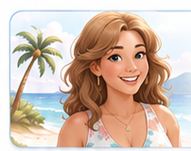 Stylized editorial portrait of a smiling mother near palm trees and the ocean