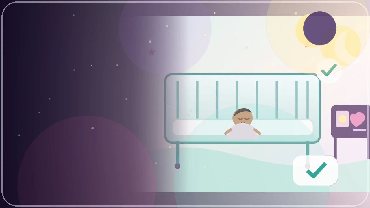 Illustrated clear crib beneath a moon, representing safe sleep and healthy sleep habits