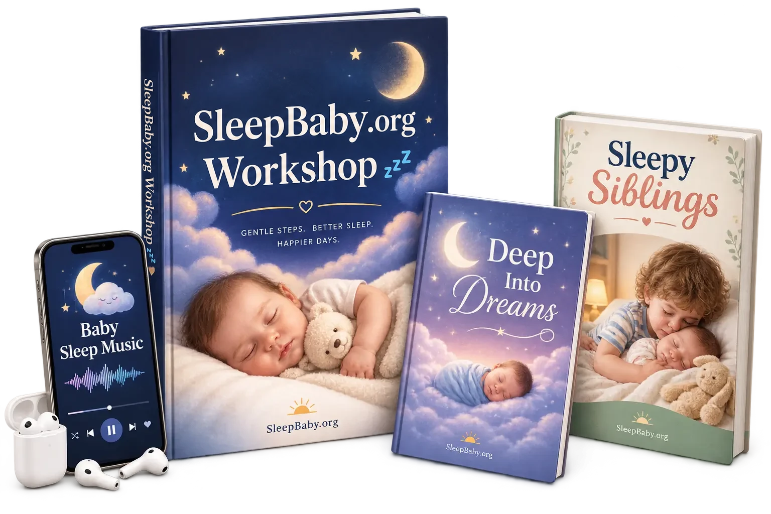 SleepBaby.org Workshop 💤 digital guide with Baby Sleep Music, Deep Into Dreams, and Sleepy Siblings