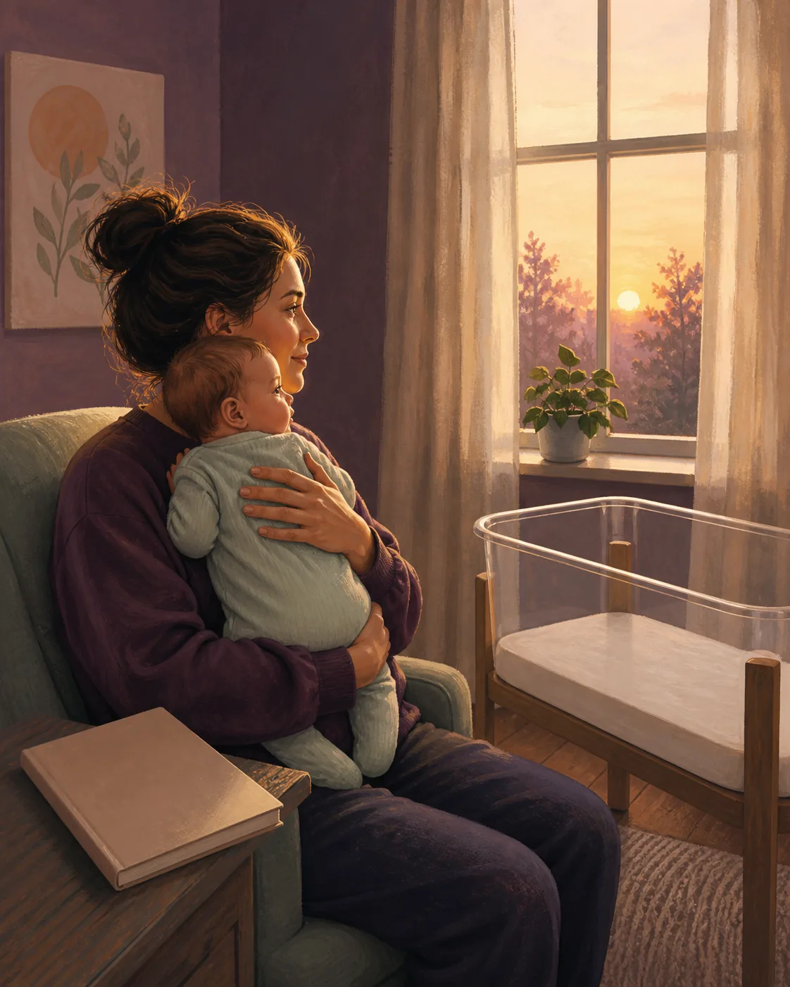 An illustrated parent holds a baby at dawn beside a clear bassinet.