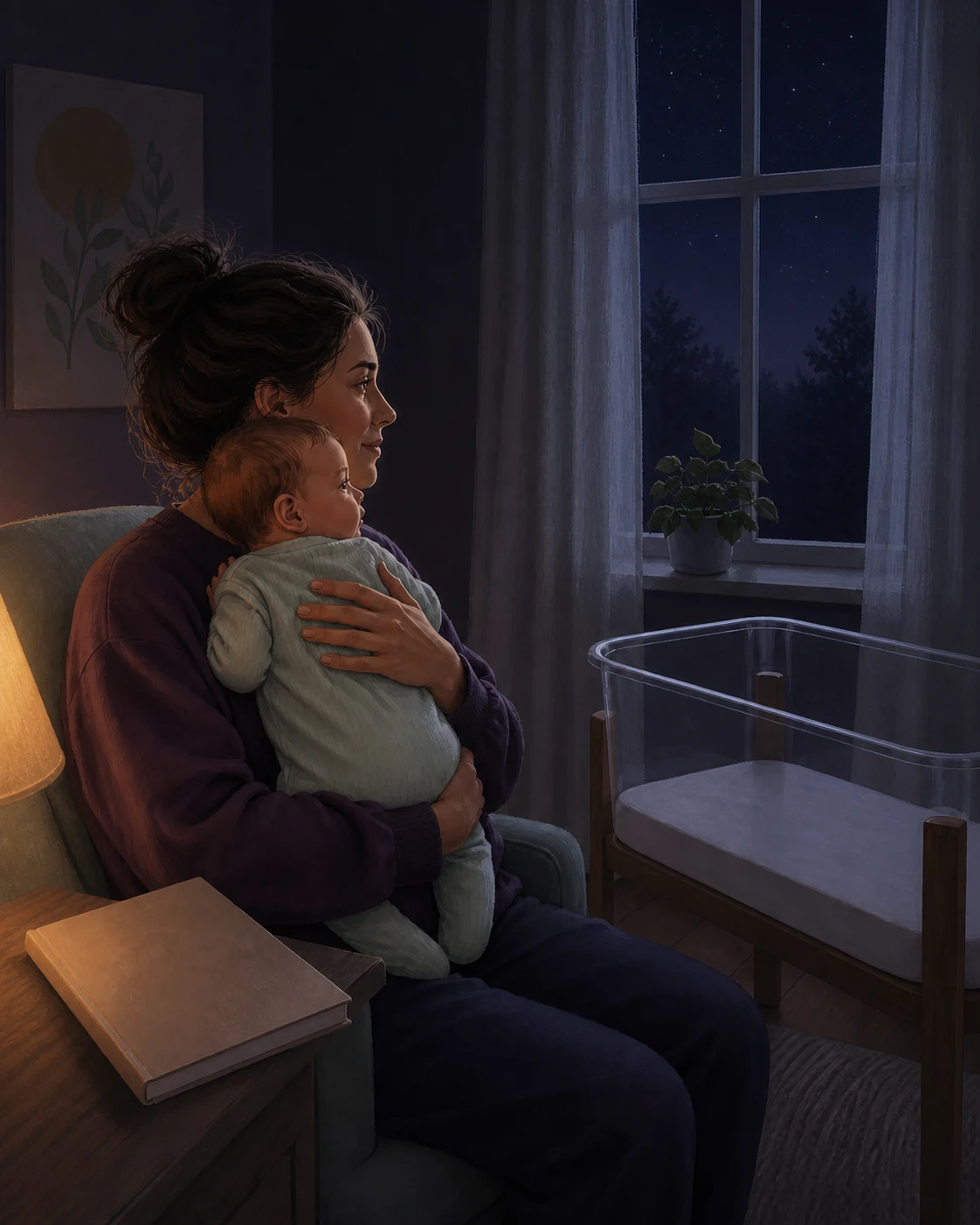 An illustrated parent holds a baby during the night beside a clear, bare bassinet.