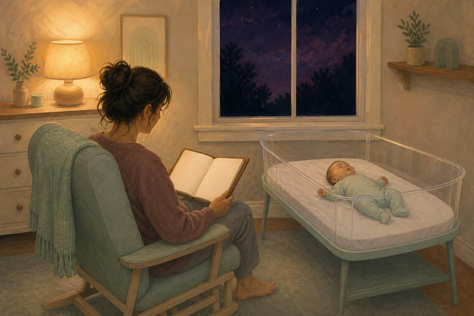 A parent reads beside a baby sleeping safely on their back in a clear bassinet.