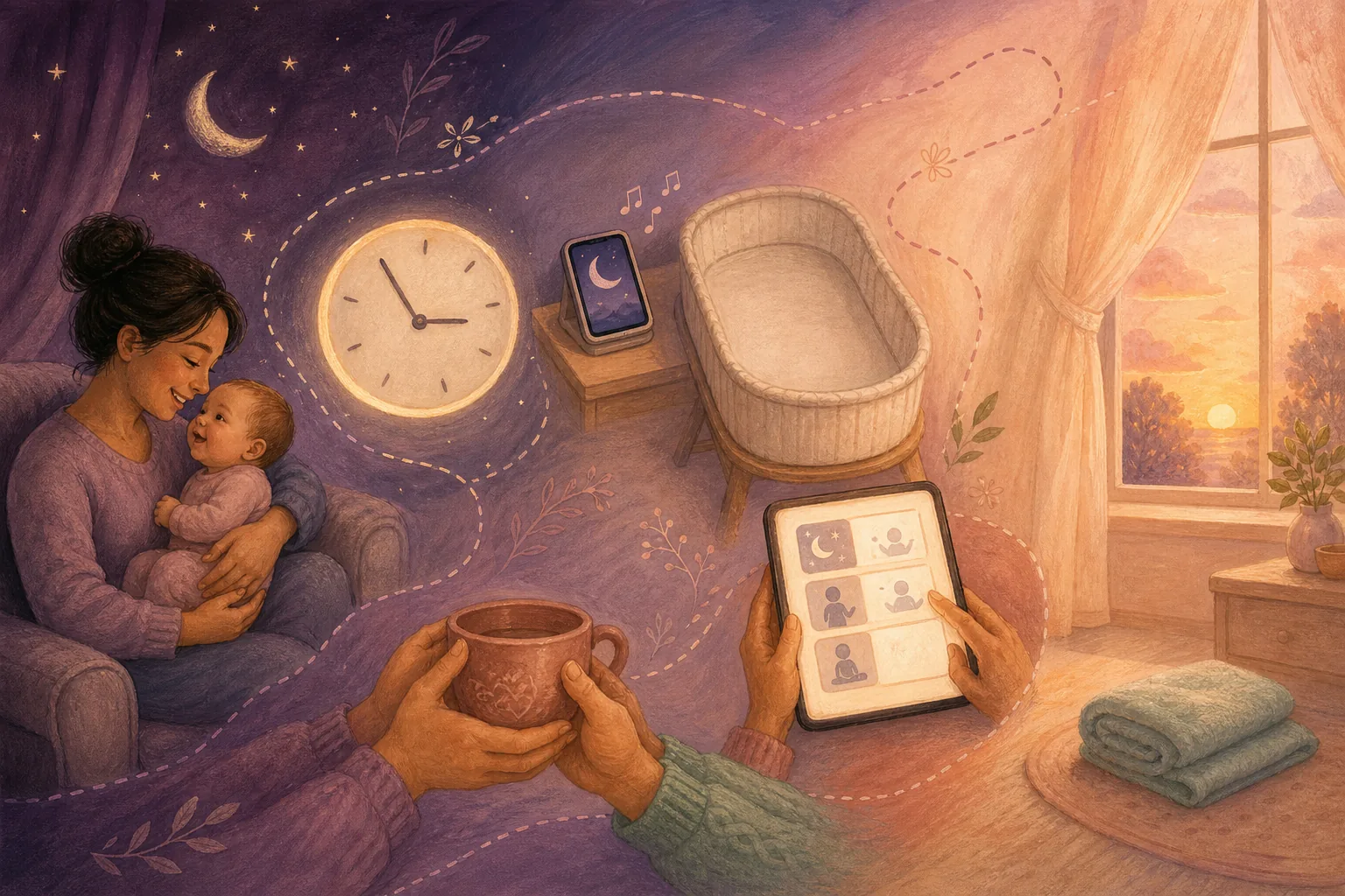 A hand-painted night-to-dawn collage of familiar bedtime cues and sunrise.