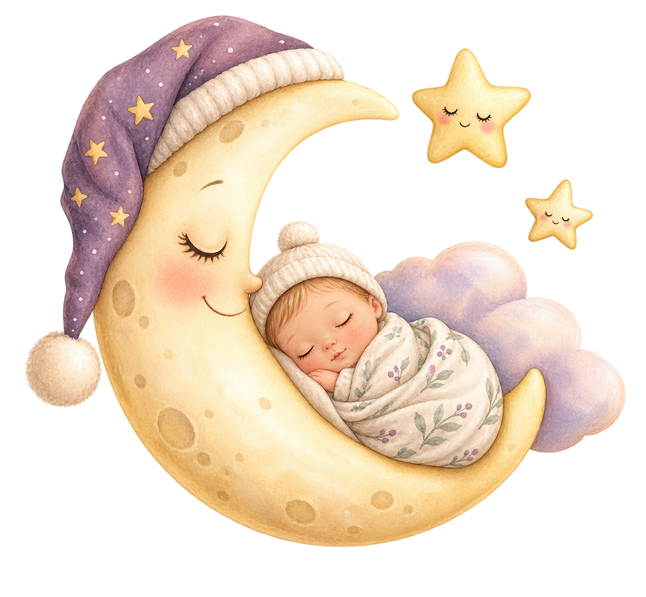 A storybook crescent moon cradles a peacefully sleeping baby.