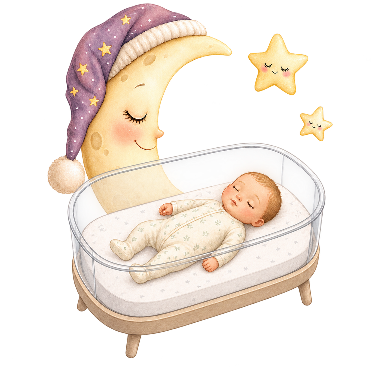 A storybook crescent moon watches over a baby sleeping on their back in a clear, bare bassinet.