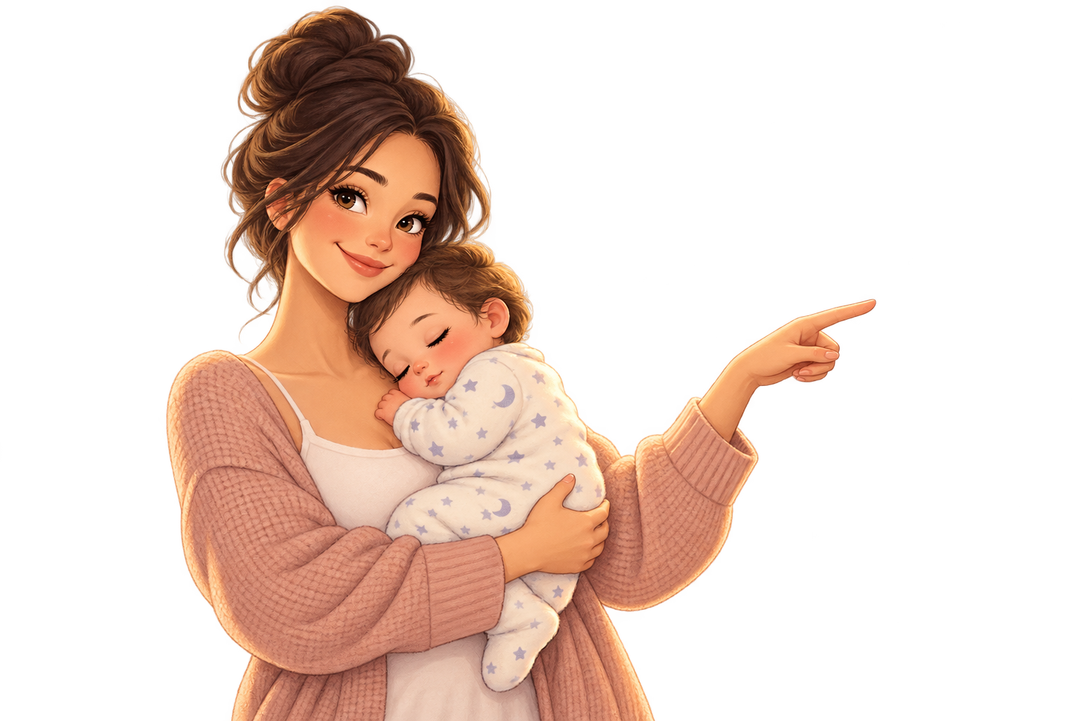 A mother cuddling a sleepy baby and pointing toward instant access