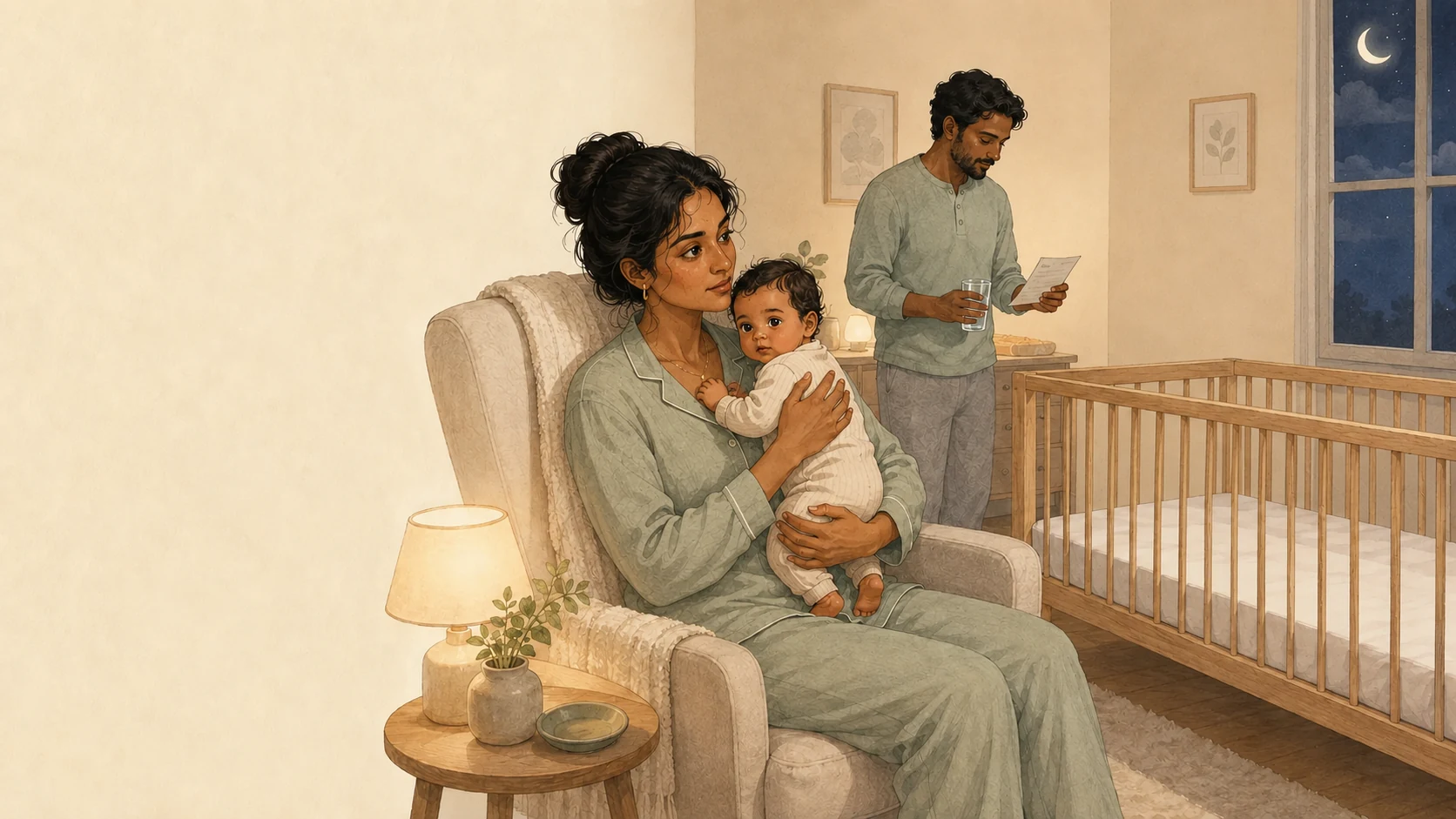 An illustrated caregiver using a calm bedside plan beside a clear crib