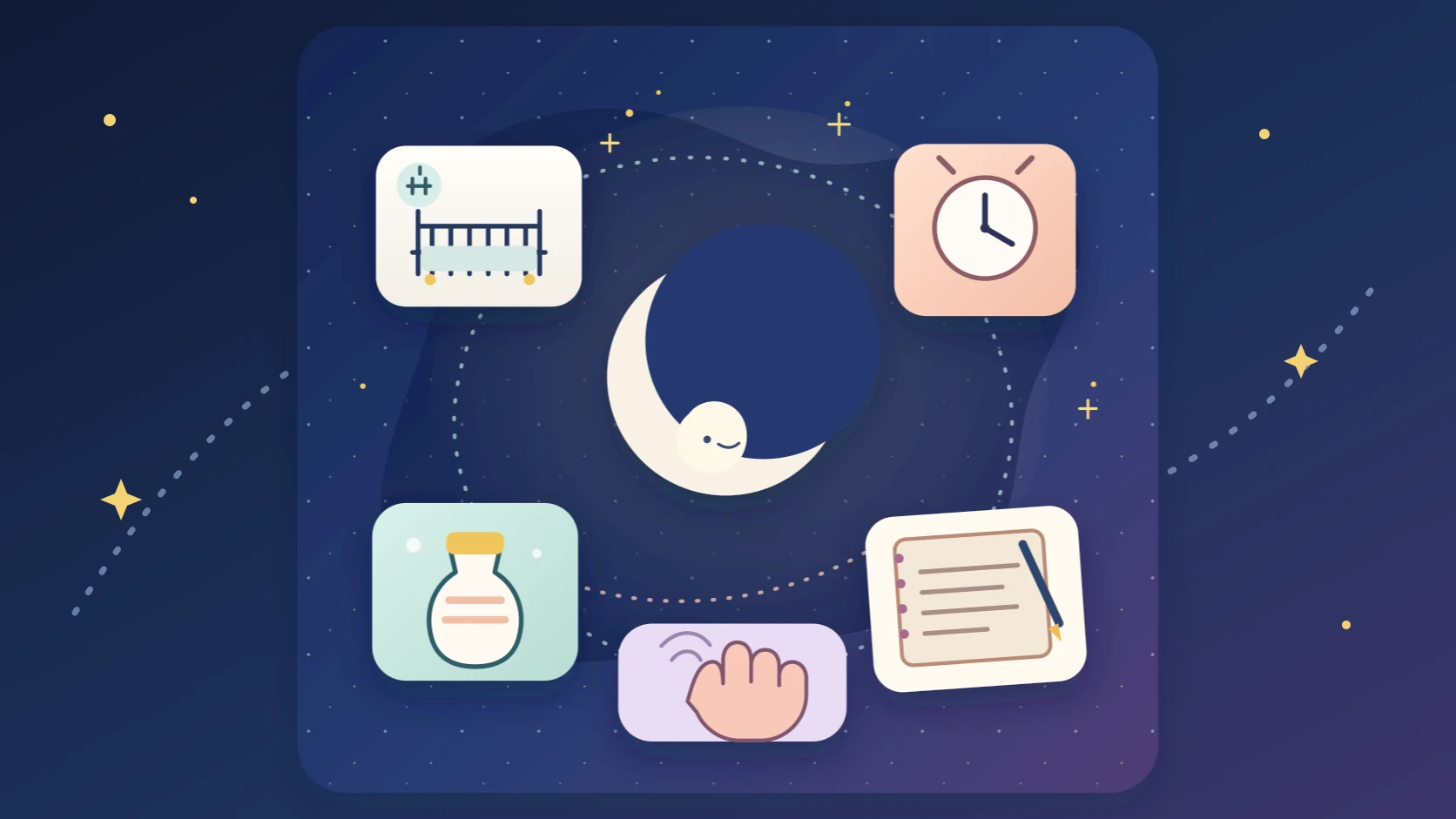 An illustrated moonlit path through the seven steps of the SleepBaby workshop
