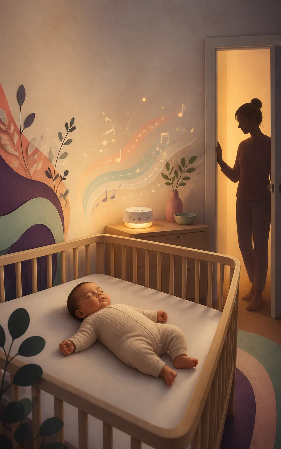 best-way-to-get-baby-to-sleep A baby sleeping safely while gentle sleep music plays nearby