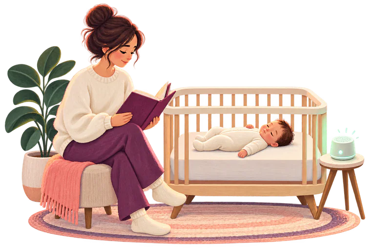 A parent reading beside a sleeping baby