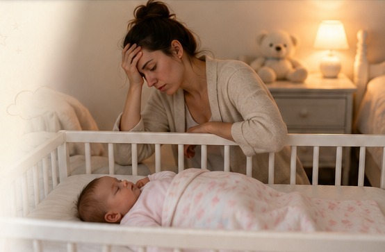 A tired parent checking on a sleeping baby