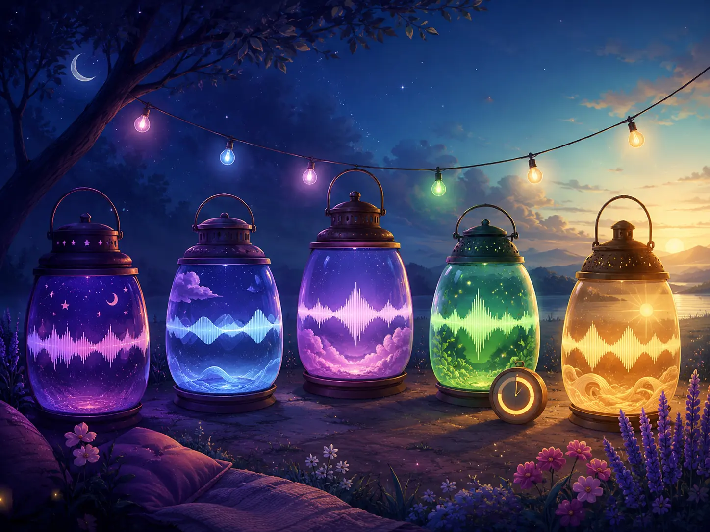 Five colorful sound lanterns and a small timer representing finite nighttime tracks
