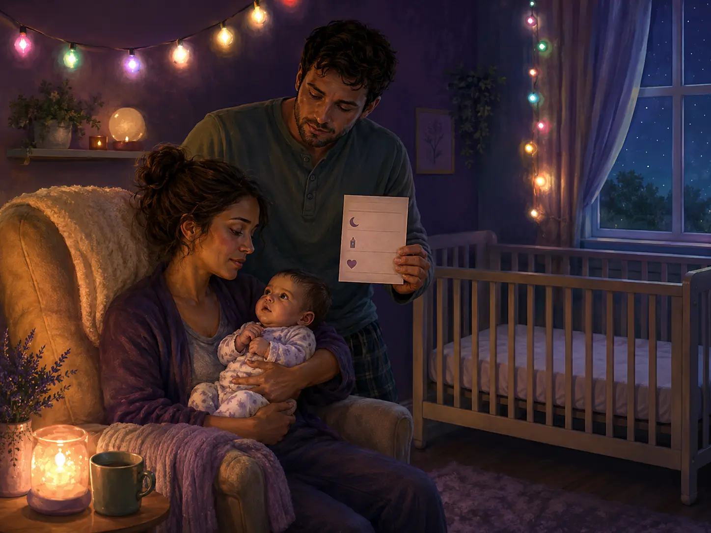 Two caregivers with their baby and a simple three-line plan beside a firm, flat, empty crib