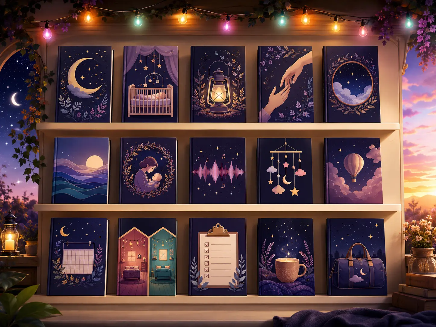 Fifteen distinct illustrated guide covers arranged in a colorful nighttime library
