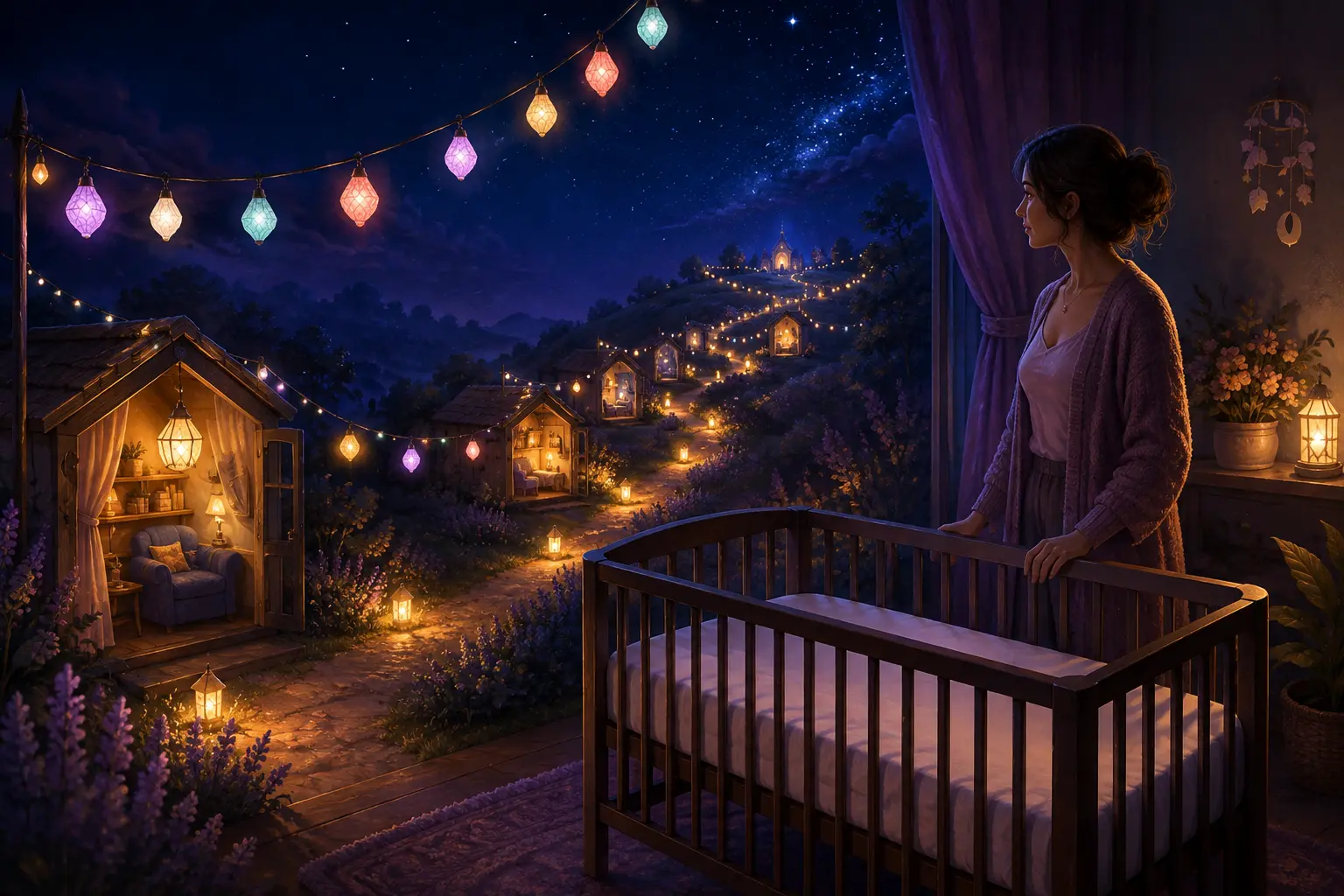 A caregiver beside a firm, flat, empty crib looking toward a moonlit path lit by colorful lanterns