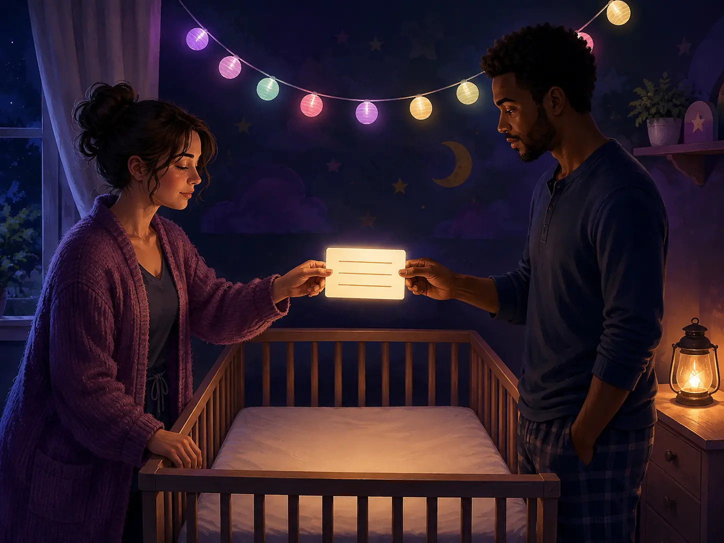 Two caregivers handing off a glowing three-line nighttime plan beside a firm, flat, empty crib