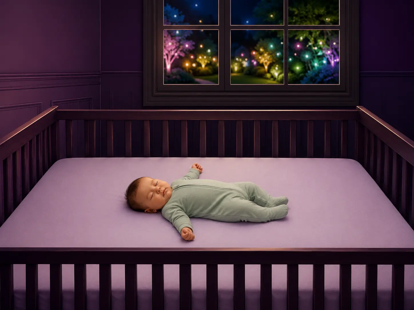 A baby placed on their back on a firm, flat, empty crib mattress, with colorful lights safely outside the closed window