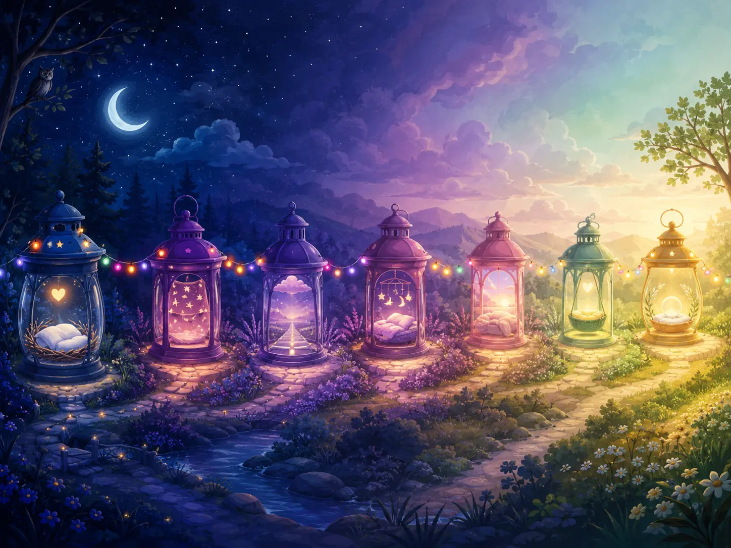 A moonlit path moving through seven colorful lantern checkpoints toward dawn