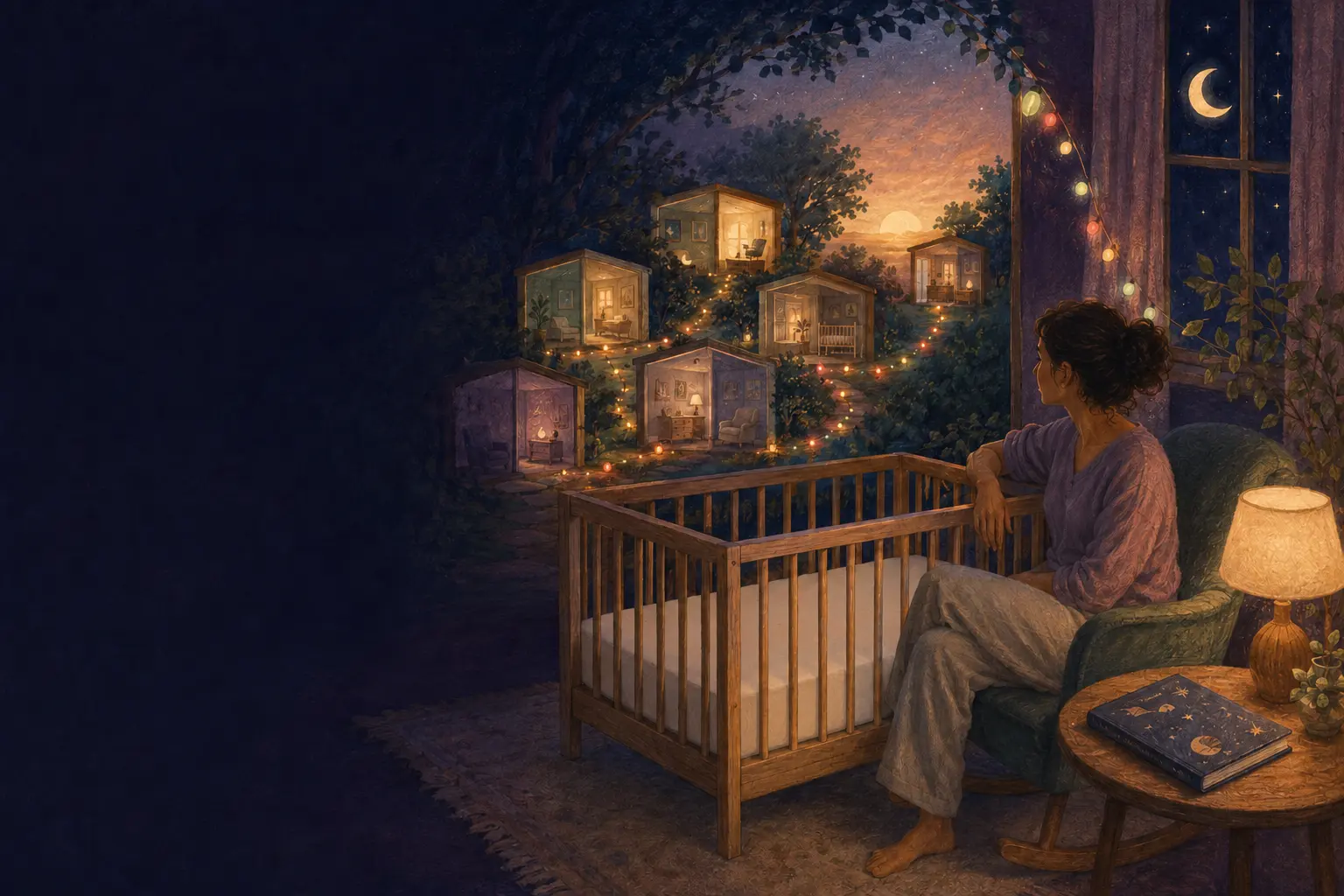 A caregiver beside a firm, flat, empty crib looking toward a moonlit path of warm rooms and fairy lights