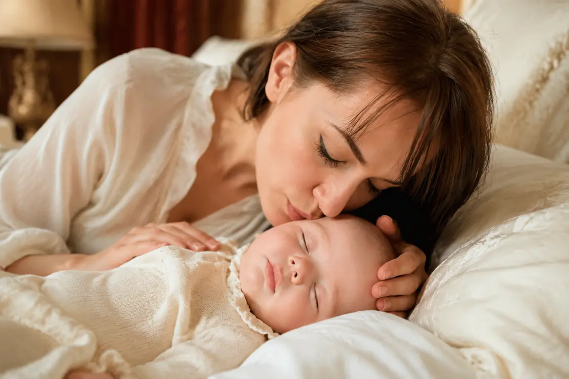 Kacey kissing Benjamin as he sleeps