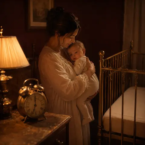 An awake, drowsy baby held beside a bedtime clock and empty crib