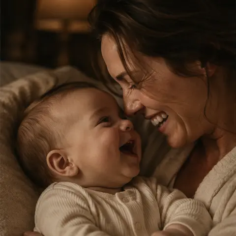 A mother and baby sharing a gentle laugh