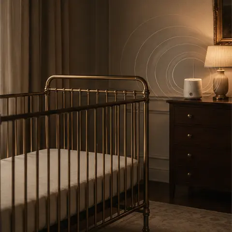 A white-noise device placed away from an empty crib