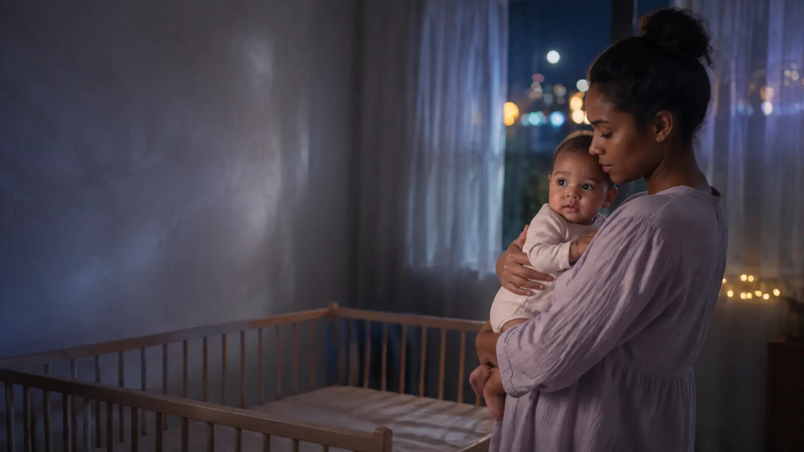 An attentive mother safely holding her sleepy baby beneath gentle lights at night