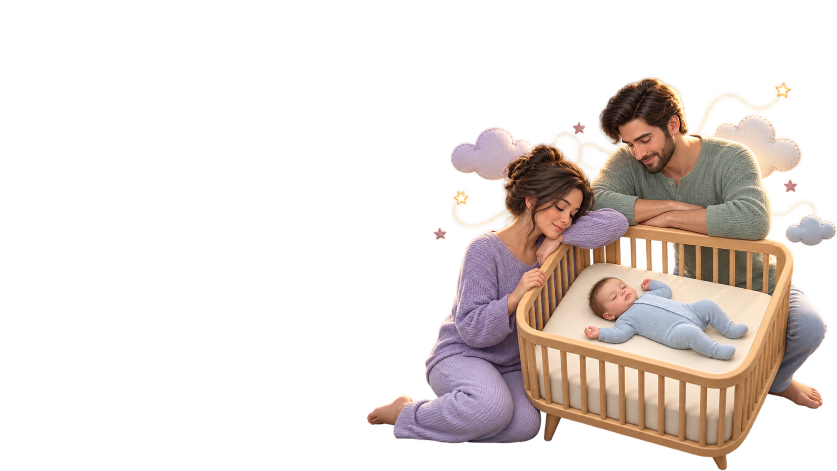 Two relieved parents watching their baby sleep safely on their back in a bare wooden crib