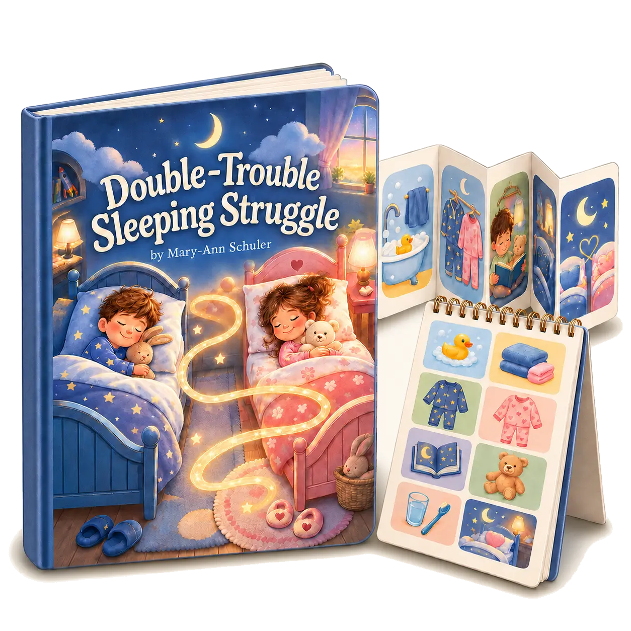 A realistic three-dimensional Double-Trouble Sleeping Struggle guide and bedtime routine set