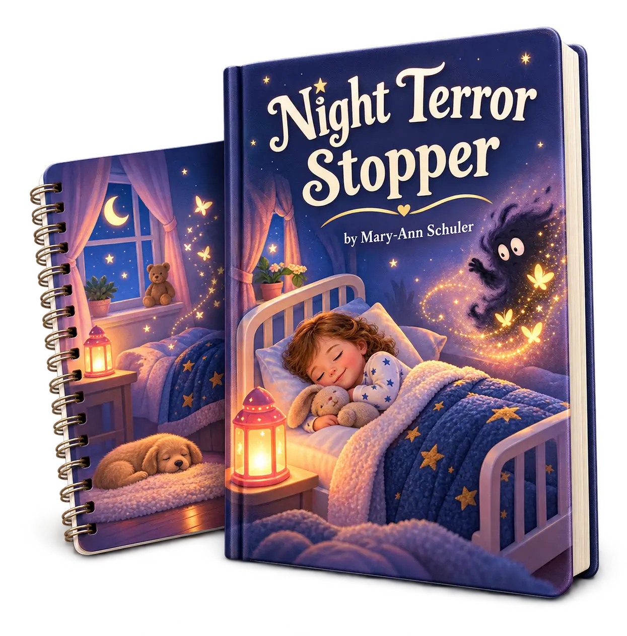 A realistic three-dimensional Night Terror Stopper guide and workbook set with a playful bedtime cover