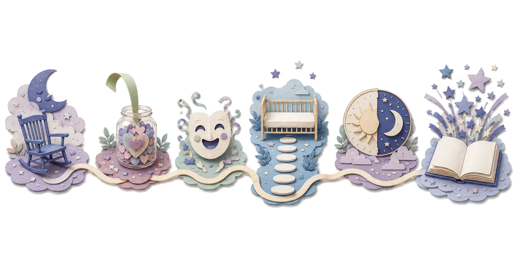 Six connected storybook discovery worlds linked by a soft woven bedtime path
