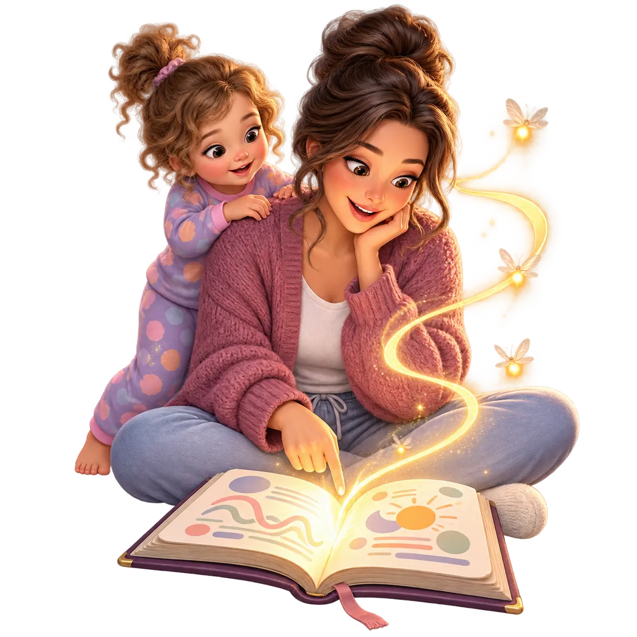 A mother and pajama-clad toddler delighting in a glowing bedtime discovery together