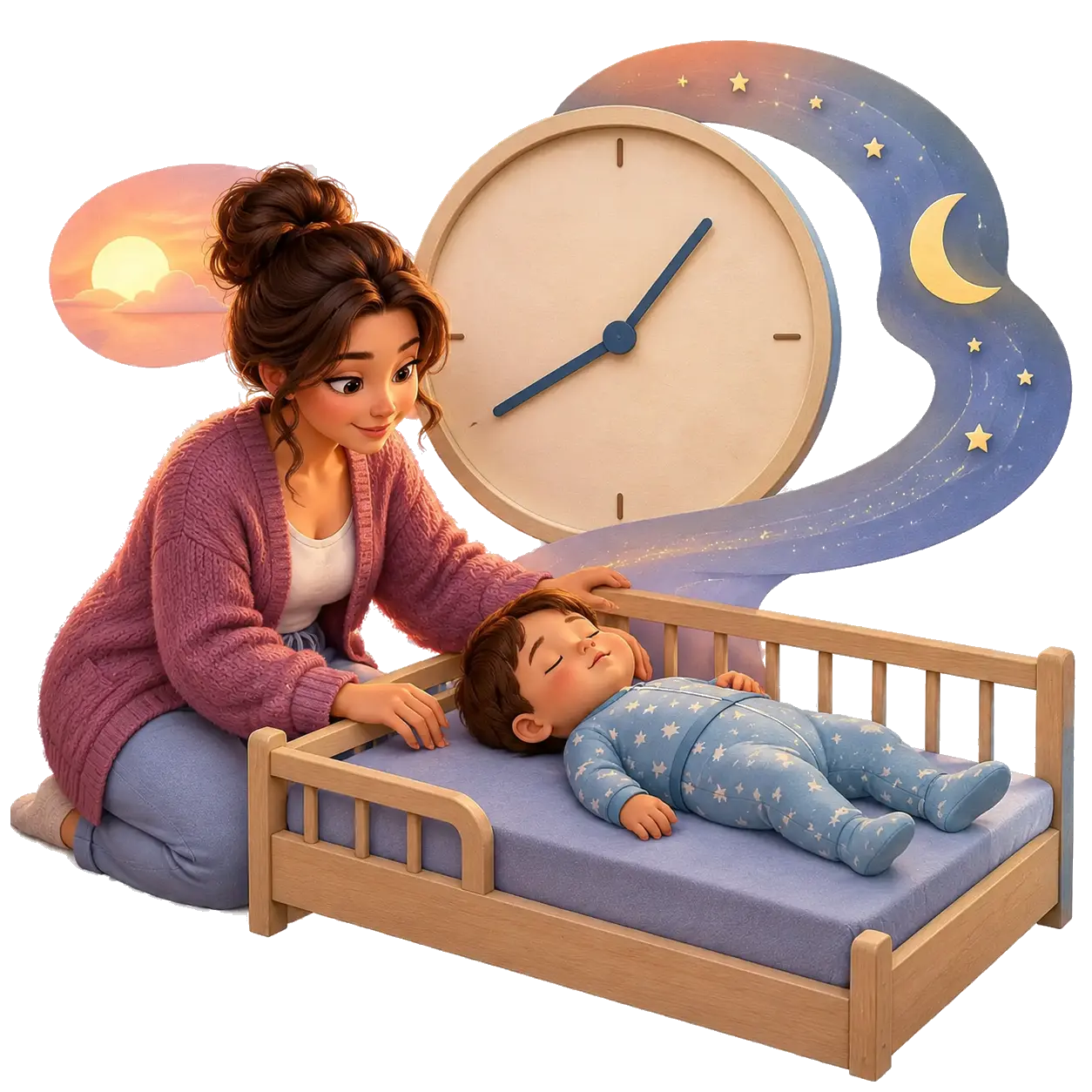 A continuous storybook bedtime path from sunset to a toddler sleeping safely before the second wind