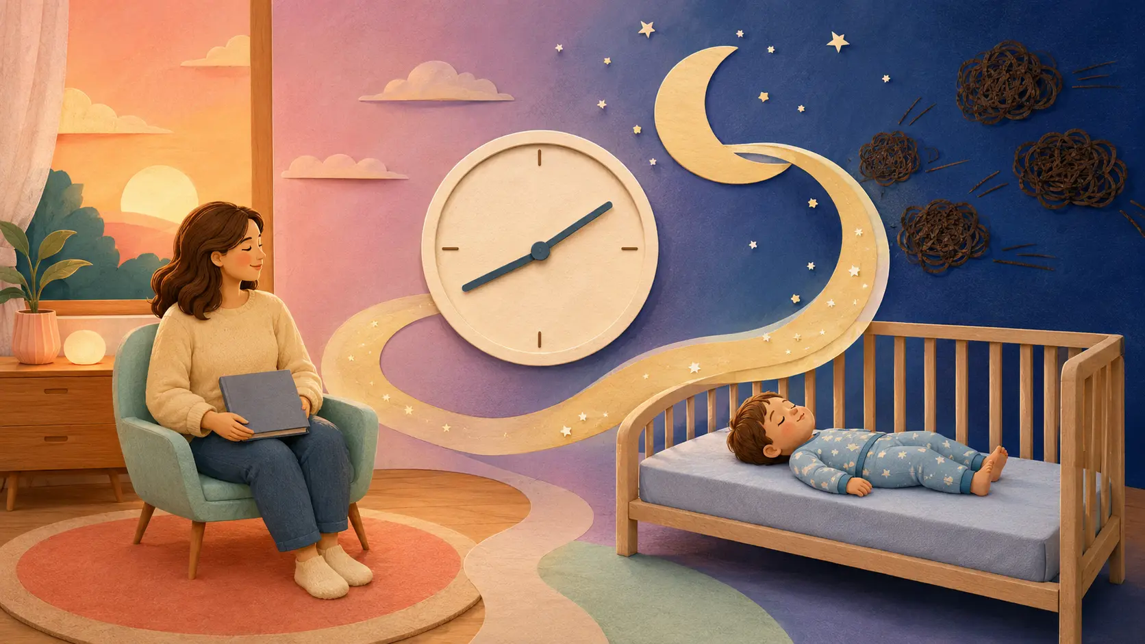 A parent, child, clock, and flowing path from evening light into a calm bedtime