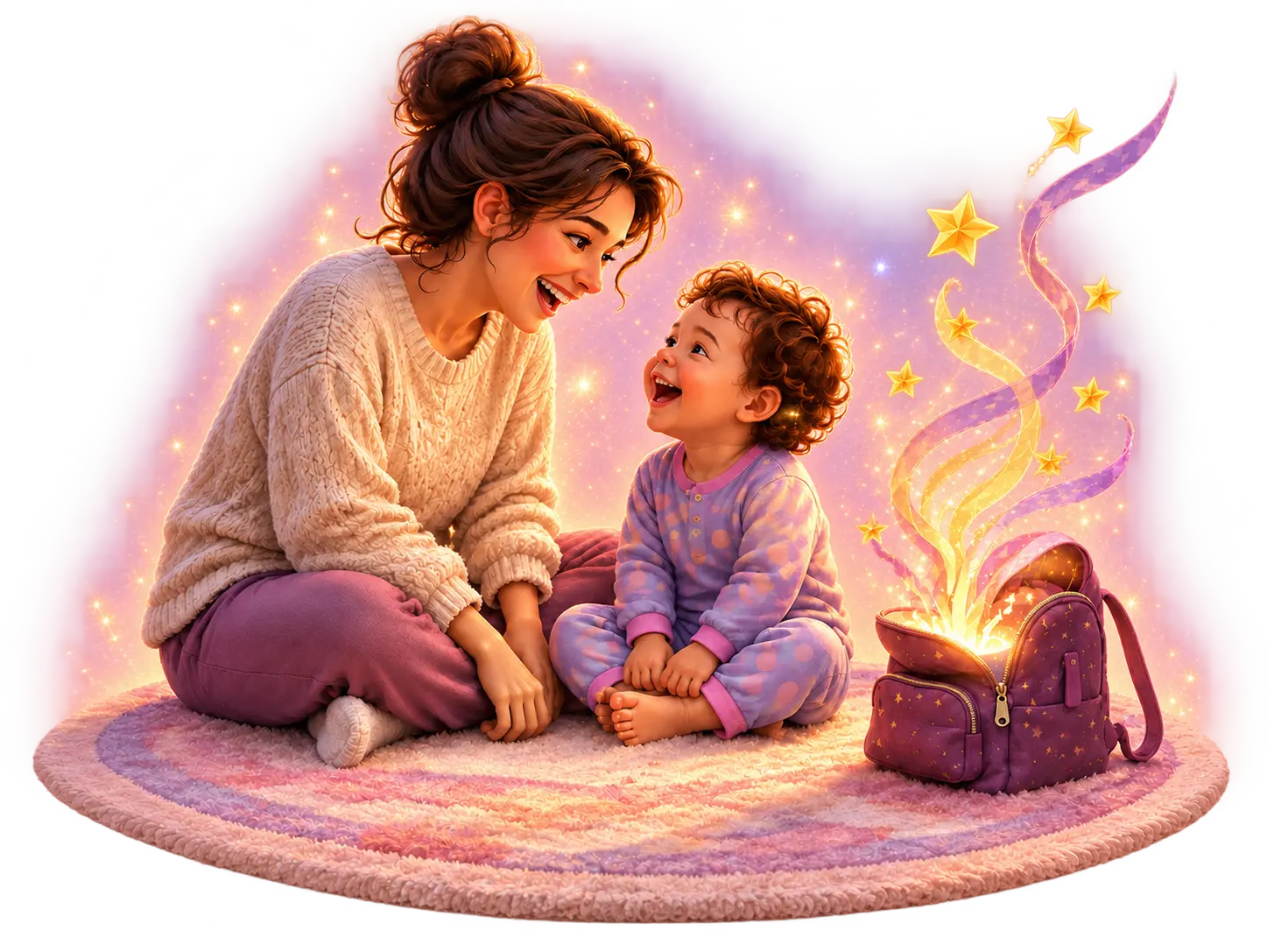 A parent and toddler laughing together while glowing stars and ribbons float from a small backpack