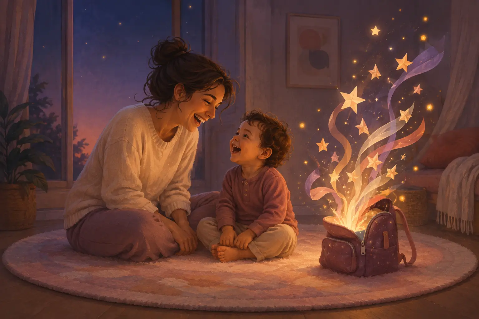 A parent and toddler laughing together during a warm, playful bedtime moment
