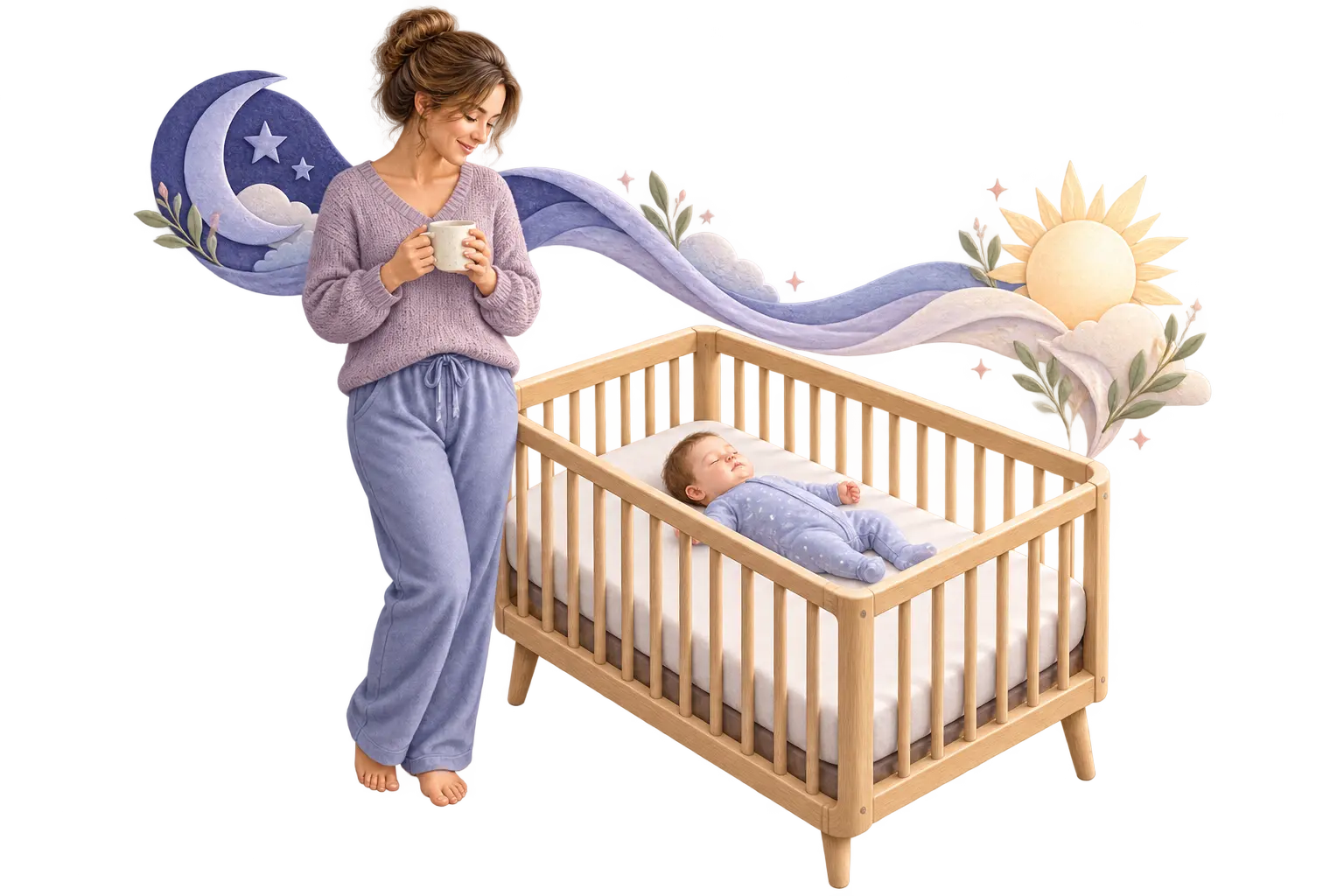 A rested mother with a warm drink beside her baby sleeping safely on their back in a bare crib