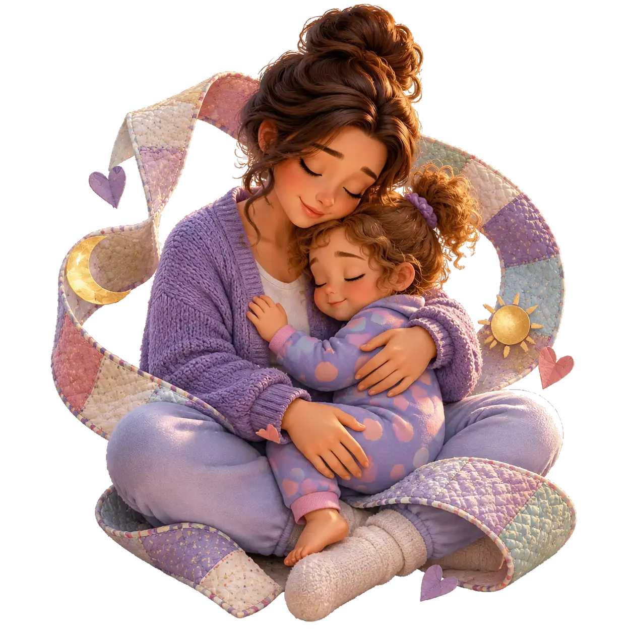 A mother and sleepy toddler sharing a warm hug inside a looping quilt ribbon at sunrise