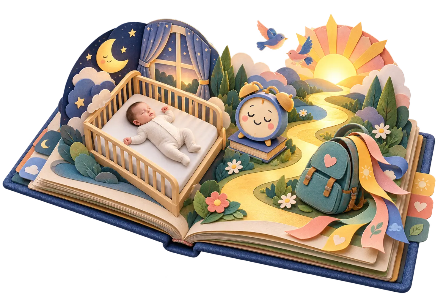 An open pop-up guidebook with playful miniature bedtime scenes