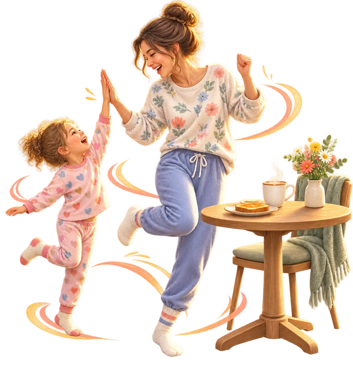 A well-rested parent and pajama-clad toddler sharing a joyful morning high-five