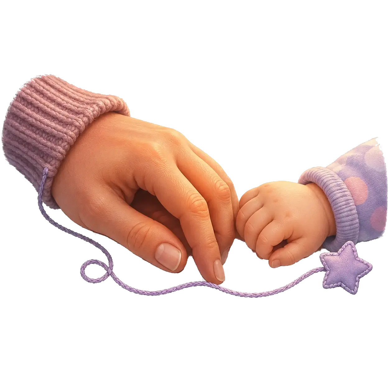 A parent’s hand resting gently beside a baby’s tiny hand with a stitched bedtime star