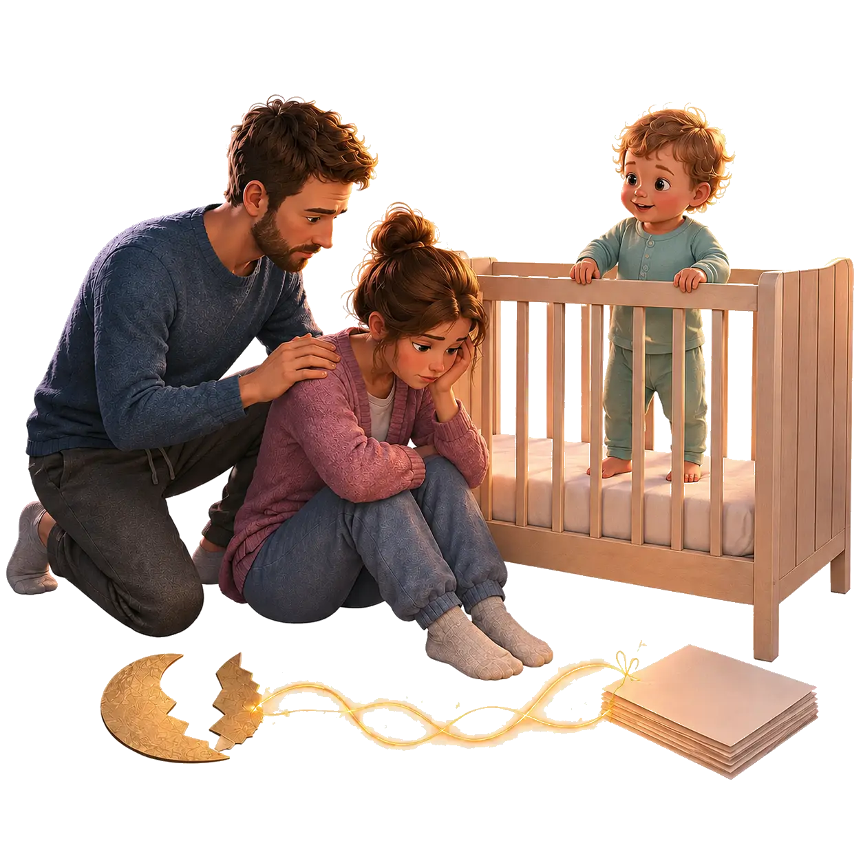 A compassionate storybook scene of exhausted parents at a nighttime turning point with Louis safely standing in a bare crib