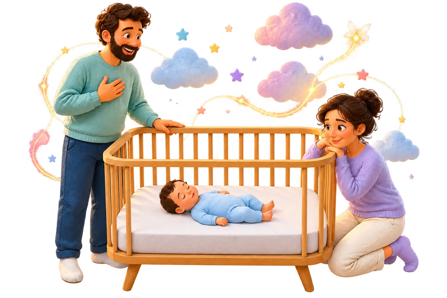 A contextual storybook scene of Mary-Ann and her husband delighting in baby Louis sleeping safely in a bare crib