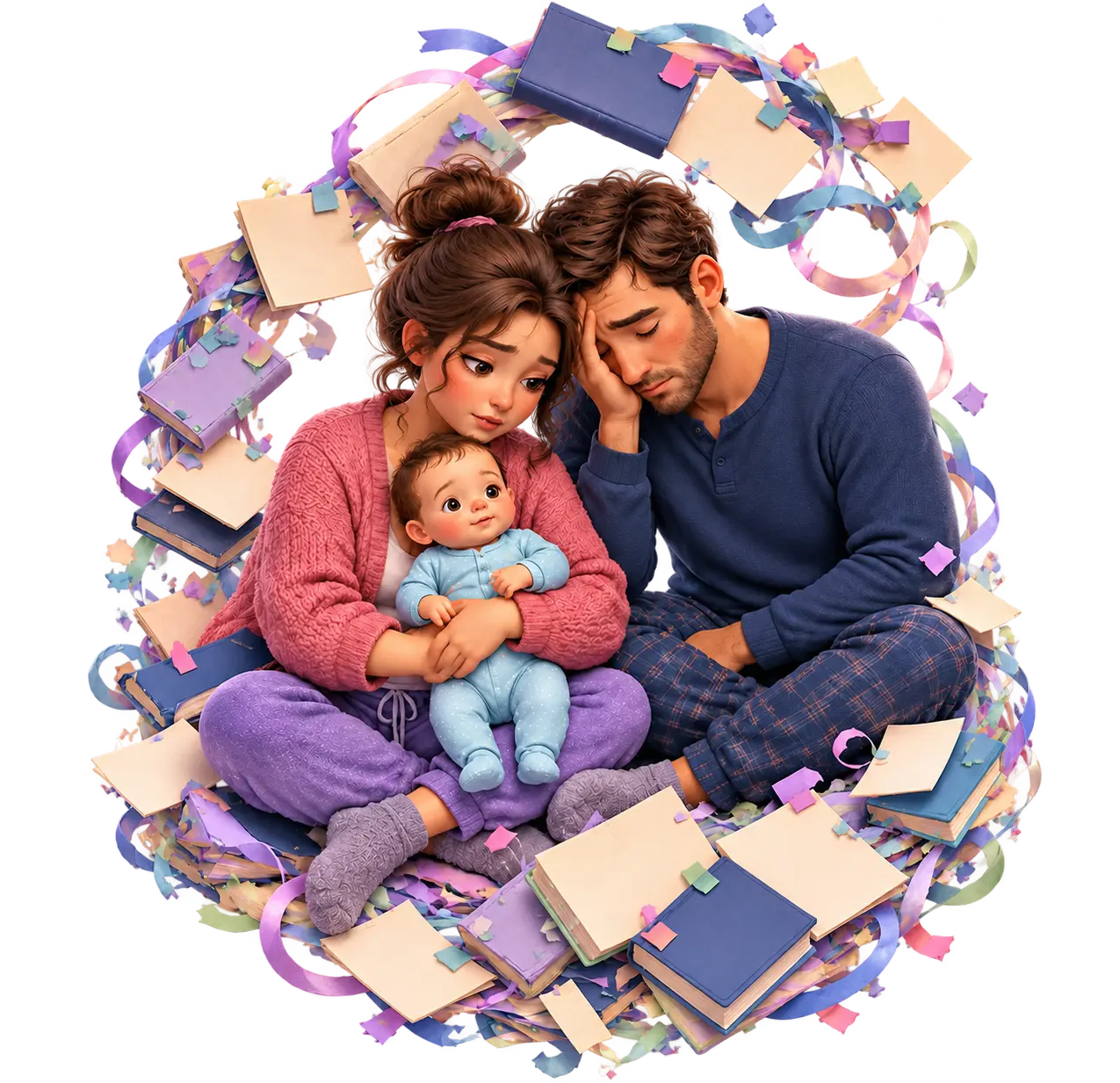 A contextual storybook scene of overwhelmed parents and baby Louis surrounded by a playful swirl of conflicting advice