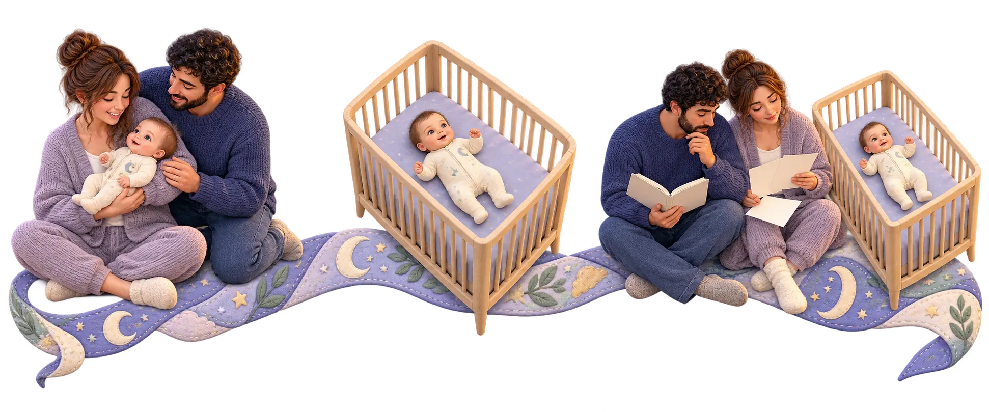 A connected storybook sequence moving from happy early sleep to wakeful nights and tired parents researching answers