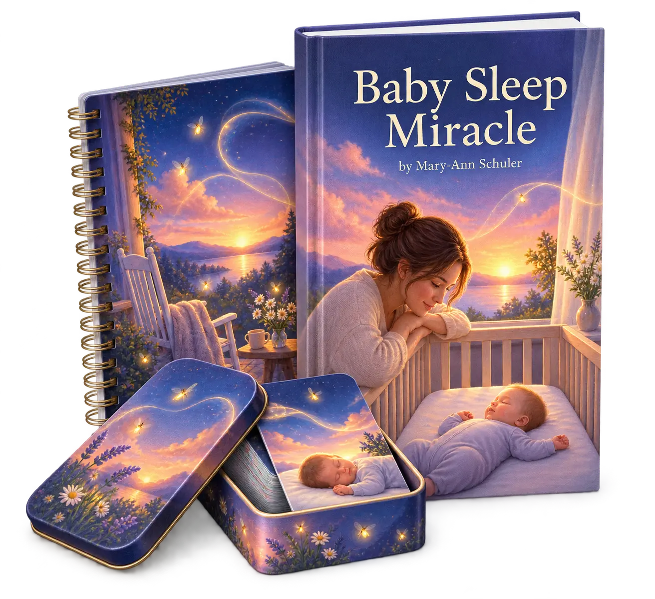 The Baby Sleep Miracle guide, quick-start workbook, and bedtime routine card set