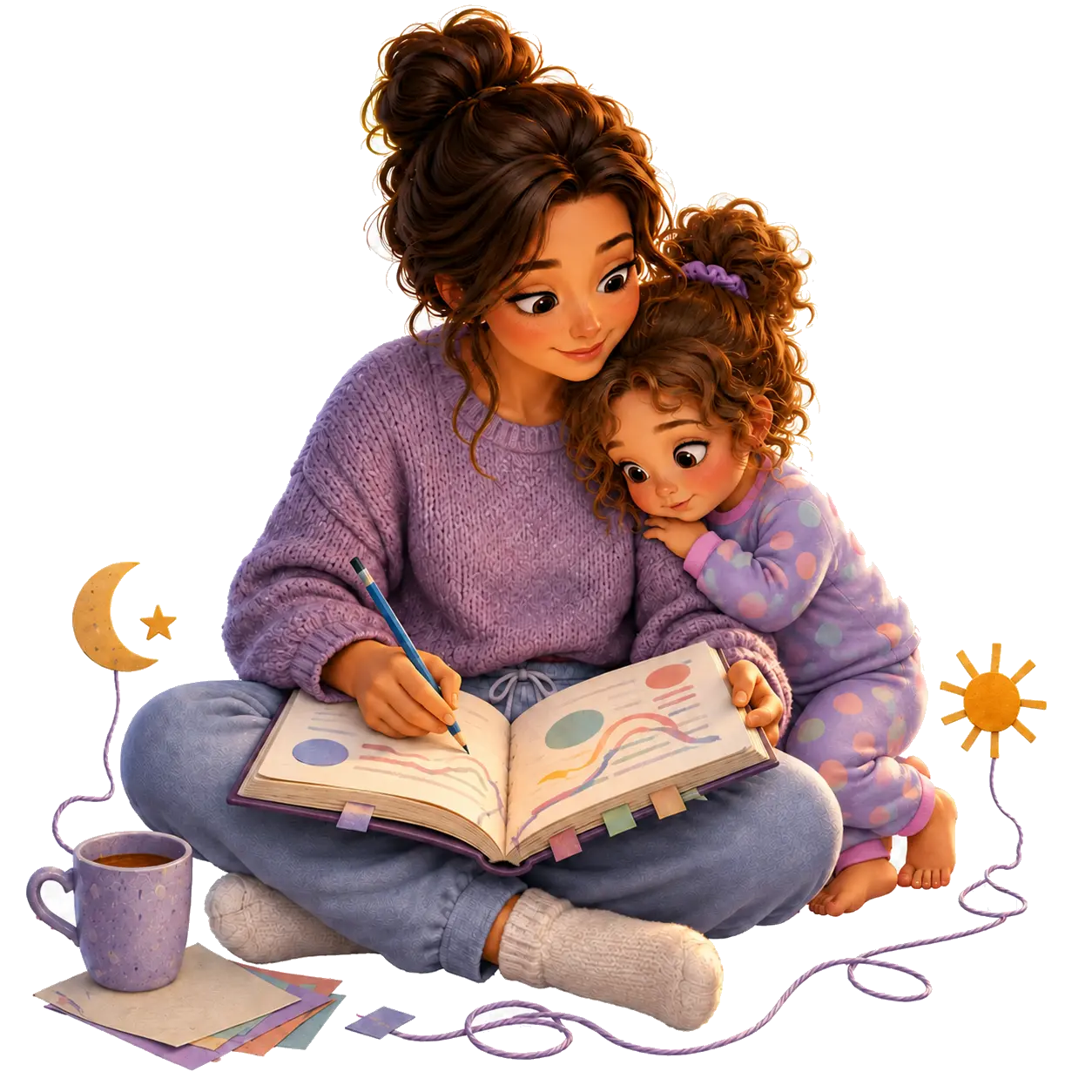 A contextual storybook scrapbook of Mary-Ann researching at a colorful desk with her pajama-clad son Louis beside her